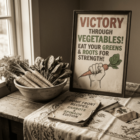 Poster: Victory Through Vegetables! Eat Your Greens & Roots For Strength! Booklet: Home Front Recipes: Carrots & Spinach Edition.