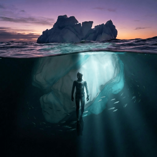 Harbor seal swimming beneath a large iceberg with a sunset visible above the water.