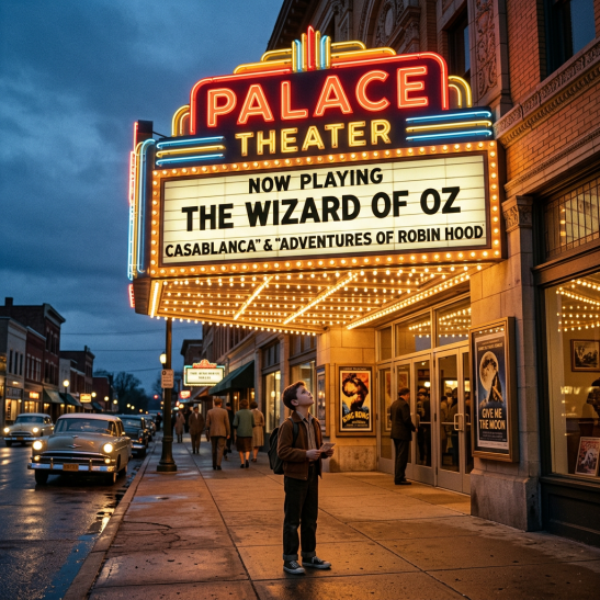 Palace Theater marquee lit up at dusk announcing The Wizard of Oz, Casablanca, and Adventures of Robin Hood.