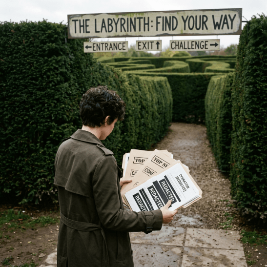Person in trench coat holding folders labeled redacted standing at maze entrance